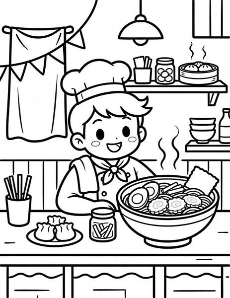Ramen Shop Warmth coloring page: Steam rises from a ramen bowl.