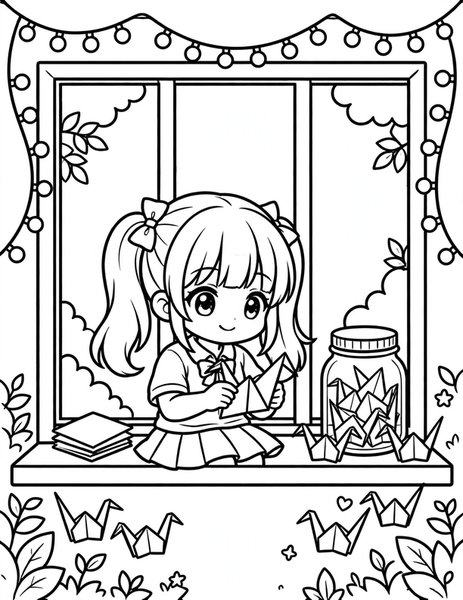 Paper Crane Wish coloring page: A girl folds paper cranes.