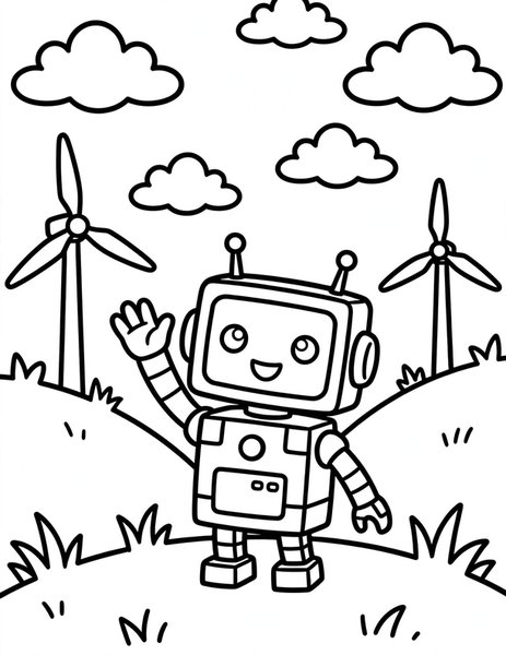 Robot Friend coloring page: A boxy robot waves hello.