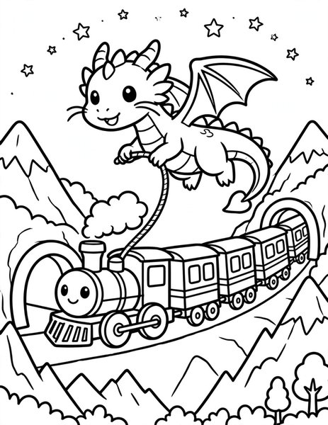 Dragon Train Journey coloring page: A dragon pulls a steam train.