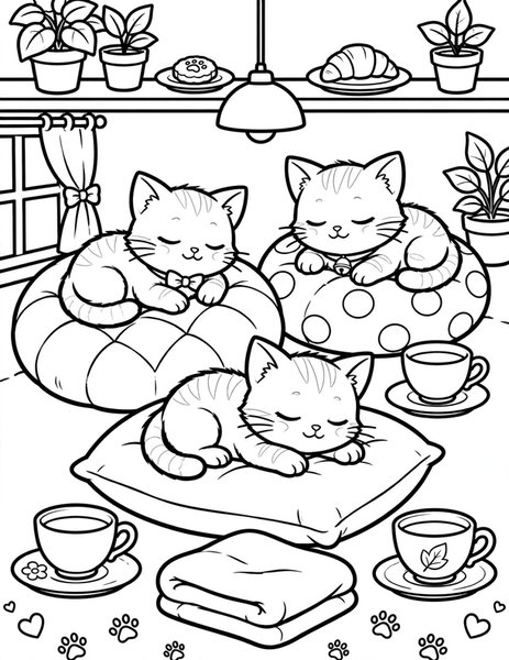 Cat Cafe Naps coloring page: Kittens nap on warm cushions.