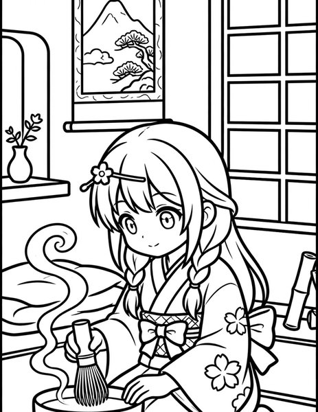 Tea Ceremony coloring page: A girl whisks tea in a quiet tea room.