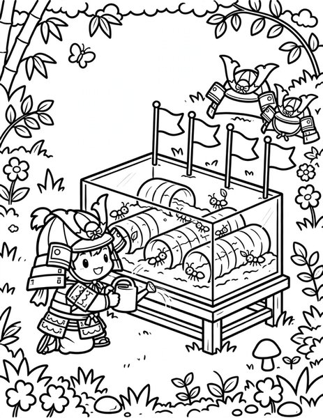 Samurai Ant Farm coloring page: A tiny samurai tends ants.