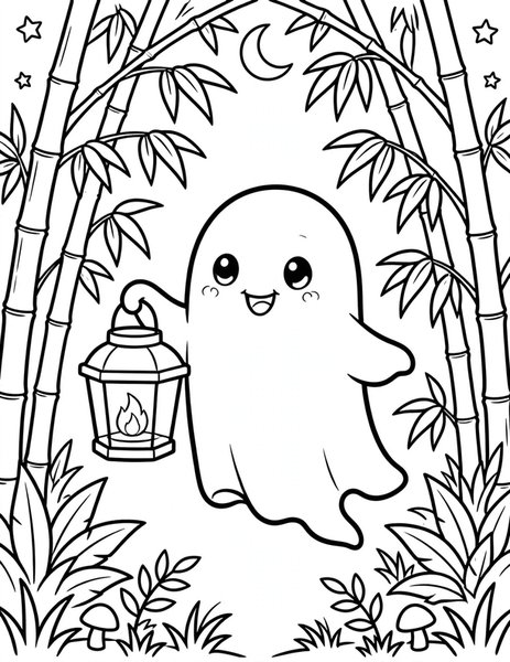 Ghost Lantern coloring page: A cute ghost holds a lantern.
