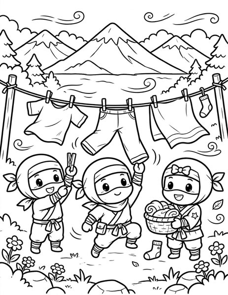 Ninjas Laundry Day coloring page: Ninjas hang clothes to dry.