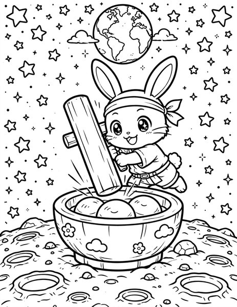 Moon Rabbit coloring page: A rabbit pounds mochi on the moon.
