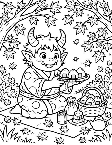 Oni Picnic coloring page: A friendly ogre shares rice balls.