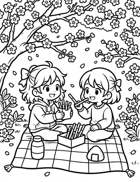 Pocky Picnic coloring page: Friends share chocolate sticks.