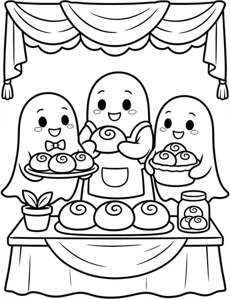 Bake Sale Spirits coloring page: Ghosts sell sweet buns.