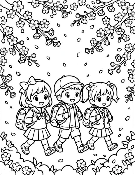 Sakura School Walk coloring page: Kids walk under cherry blossoms.