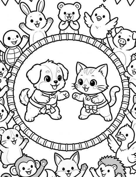 Sumo Puppy Match coloring page: A puppy sumo wrestles a kitten.