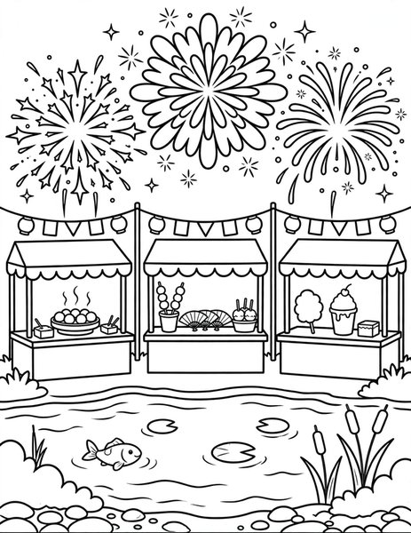 Fireworks Festival coloring page: Sparks bloom over the river.