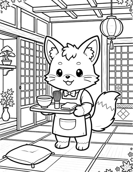 Tea House Fox coloring page: A fox serves matcha tea.