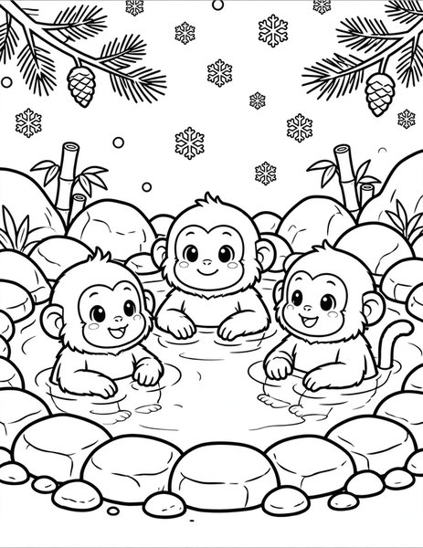 Snow Monkey Onsen coloring page: Monkeys soak in hot springs.