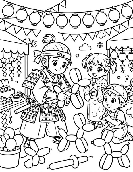 Balloon Samurai coloring page: A samurai holds balloon animals.