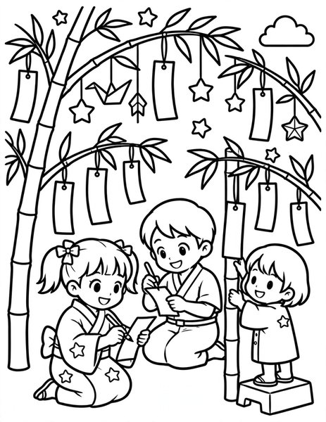 Star Festival Wish coloring page: Kids write wishes on paper strips.