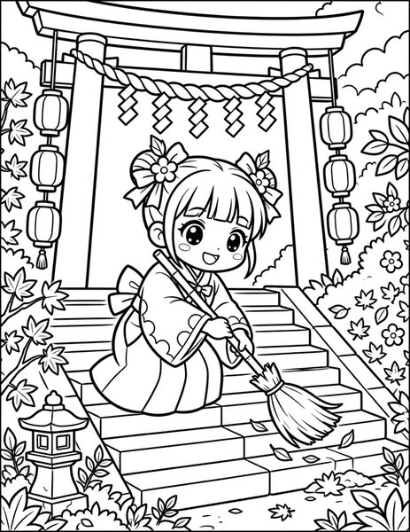 Shrine Maiden Day coloring page: A shrine maiden sweeps the steps.