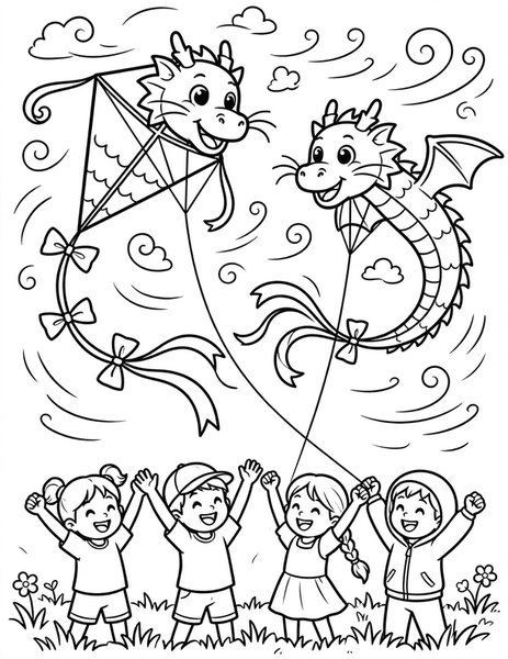 Kite Battle coloring page: Dragons kites duel in the wind.