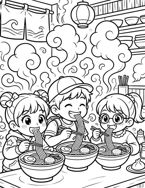 Noodle Slurp Race coloring page: Friends race to finish ramen.