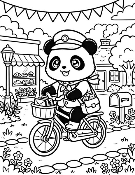 Panda Postman coloring page: A panda delivers letters.