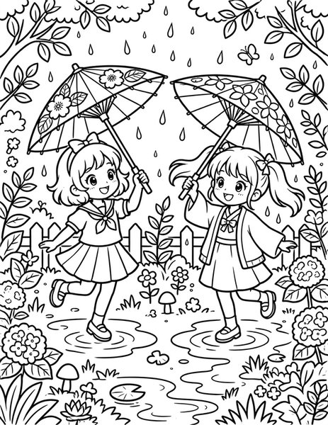 Umbrella Dance coloring page: Girls twirl paper umbrellas.