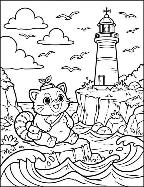 Lighthouse Tanuki coloring page: A tanuki guards a lighthouse.