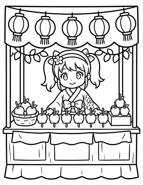 Candy Apple Stand coloring page: A girl sells candy apples.