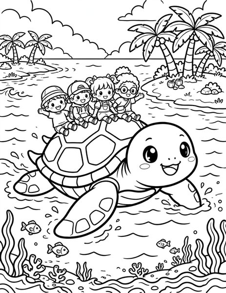 Turtle Taxi coloring page: A giant turtle gives rides.