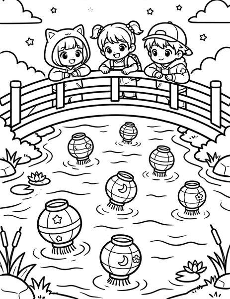 Paper Lantern Night coloring page: Lanterns float on the river.