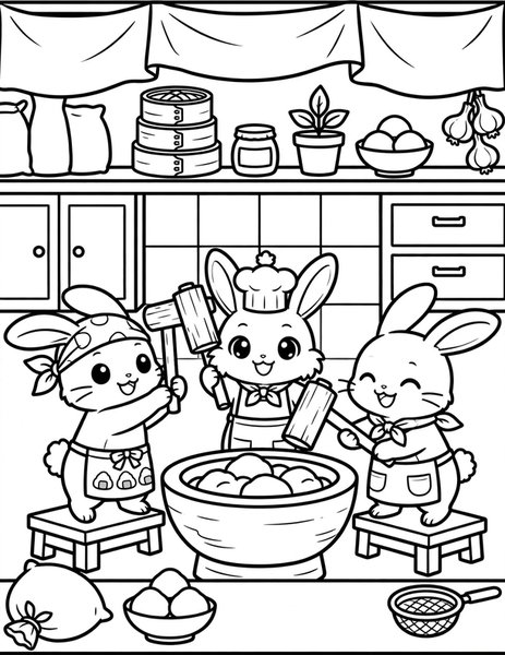 Mochi Hammer Time coloring page: Rabbits pound rice cakes.
