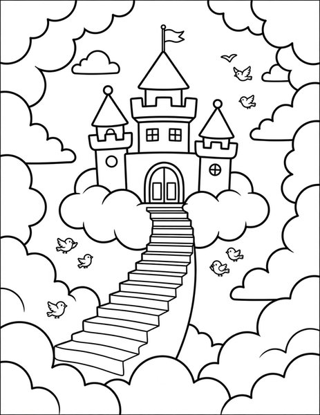 Castle in Clouds coloring page: A castle floats on clouds.