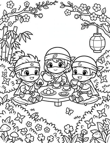 Ninja Garden Party coloring page: Ninjas have a tea party.