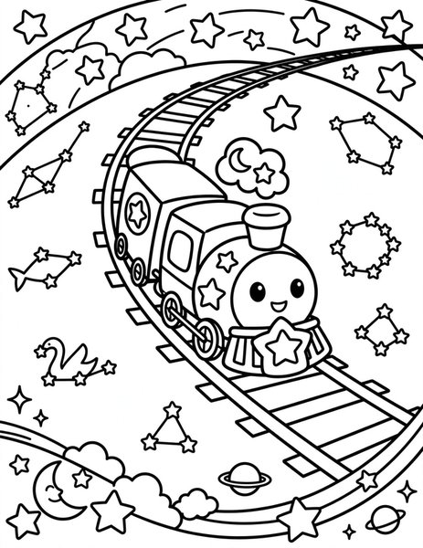 Starlight Train coloring page: A train crosses the milky way.
