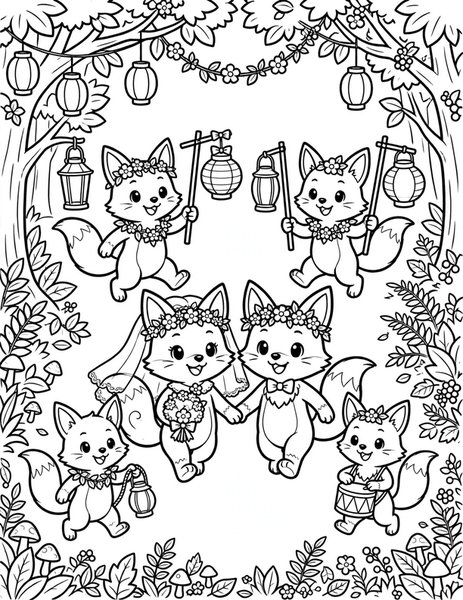 Fox Wedding coloring page: Foxes parade with lanterns.