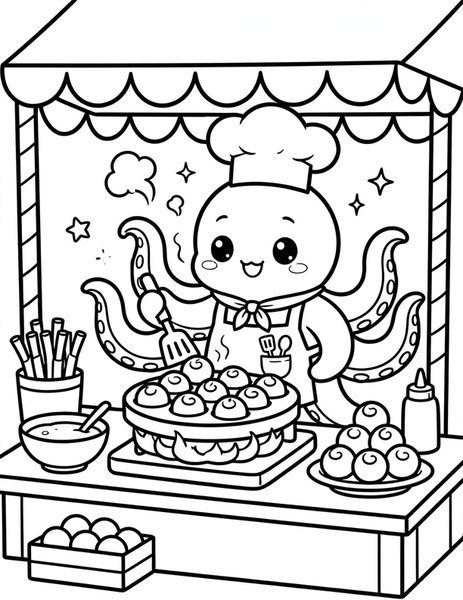 Octopus Chef coloring page: An octopus cooks takoyaki.