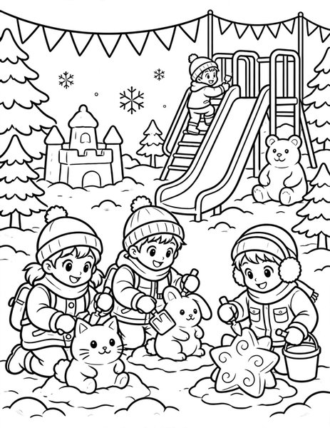 Snow Festival Sculptures coloring page: Kids carve snow statues.