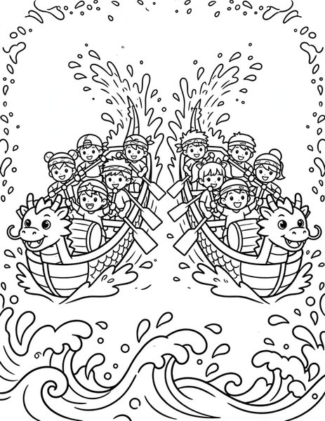 Dragon Boat Race coloring page: Teams paddle dragon boats.