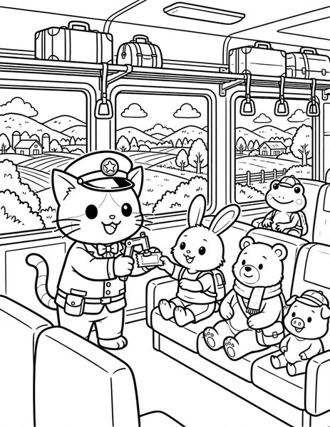 Cat Train Conductor coloring page: A cat punches train tickets.