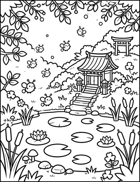 Moonlight Garden coloring page: Fireflies light a night garden.