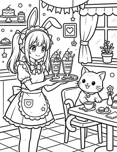 Bunny Maid Cafe coloring page: A bunny-eared waitress serves parfaits.