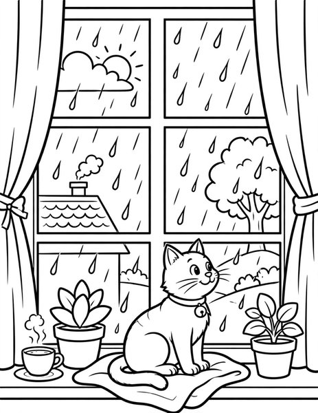 Rainy Day Cat coloring page: A cat watches rain from a window.