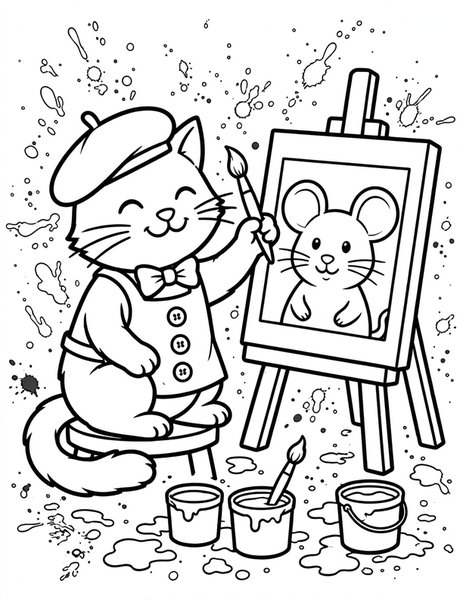 Artist Cat coloring page: A cat paints a portrait of a mouse.