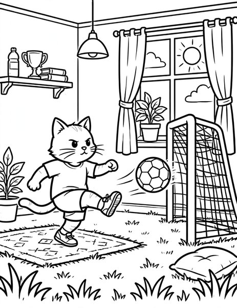 Soccer Cat coloring page: A cat kicks a soccer ball.