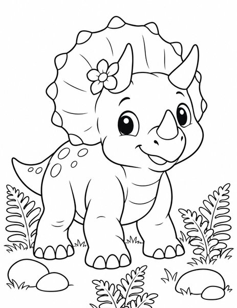 Flower-Horned Triceratops coloring page: A friendly baby triceratops explores a fern-filled prehistoric meadow.
