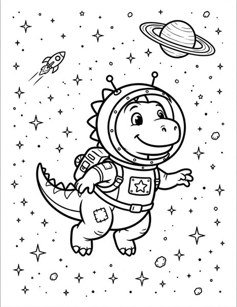 Dino Astronaut coloring page: A brave dinosaur floats among the stars in a spacesuit.