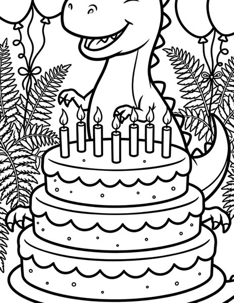 Birthday Roar coloring page: A t-rex celebrates with a giant birthday cake.