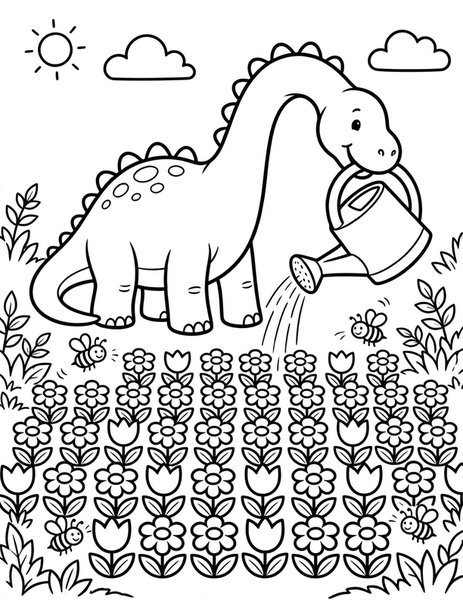 Garden Helper coloring page: A gentle giant waters the flowers with its long neck.