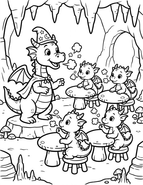 Dragon School coloring page: Baby dragons learn to breathe tiny puffs in class.