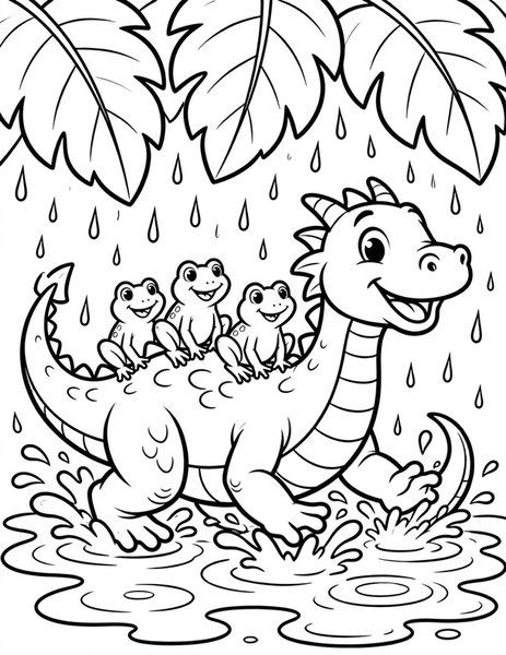 Rainy Day Dragon coloring page: A dragon splashes in puddles with frog friends.