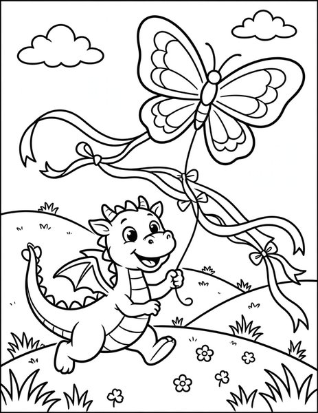 Dragon Kite coloring page: A dragon flies a giant butterfly kite.